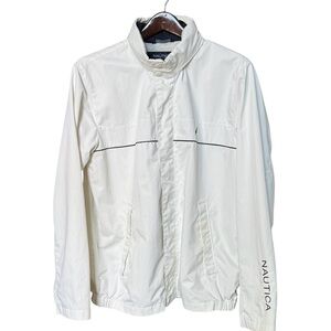 Nautica Men's Large White Sailing Windbreaker Jacket Hood Under Collar Tuck